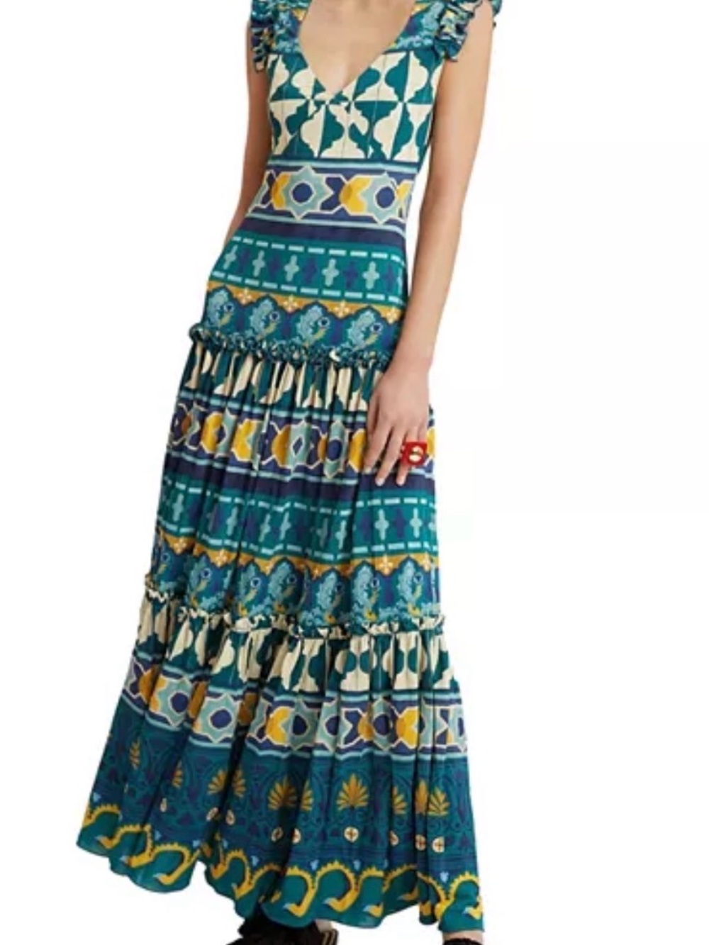 LA DoubleJ Teal, Blue & Yellow Printed Tiered V-Neck Maxi Dress